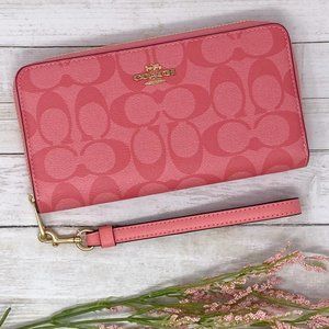 NEW Coach Long Zip Around Wallet in Signature Canvas in Gold/Pink Lemonade